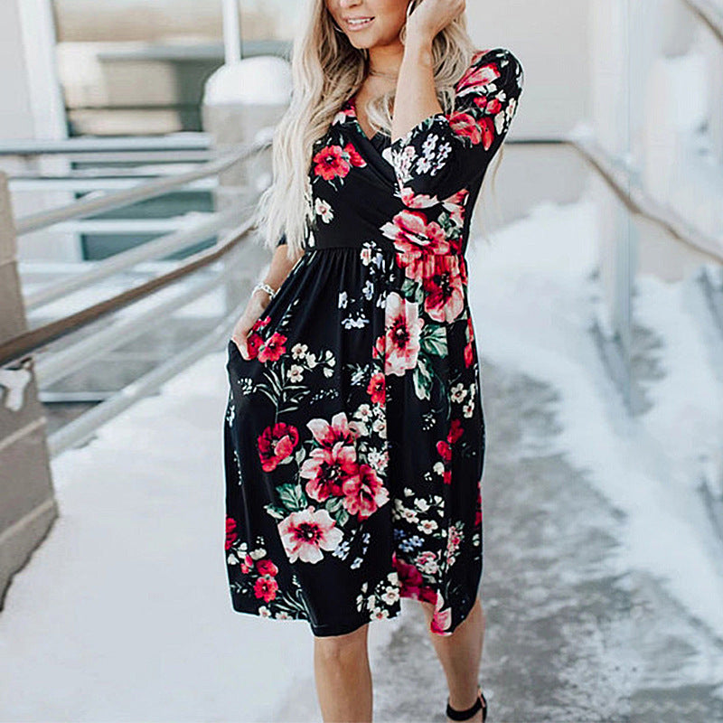 Printed Long Sleeve V-neck Pocket Dress photo 7