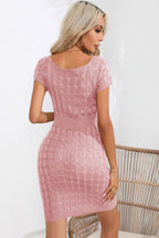 Decorative Button Round Neck Short Sleeve Sweater Dress (9)