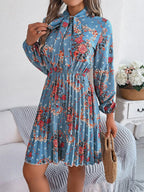 Pleated Printed Tie Neck Long Sleeve Dress (14)
