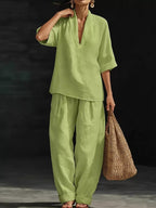 Full Size Half Sleeve Top Wide Leg Pants Set Plus (2)