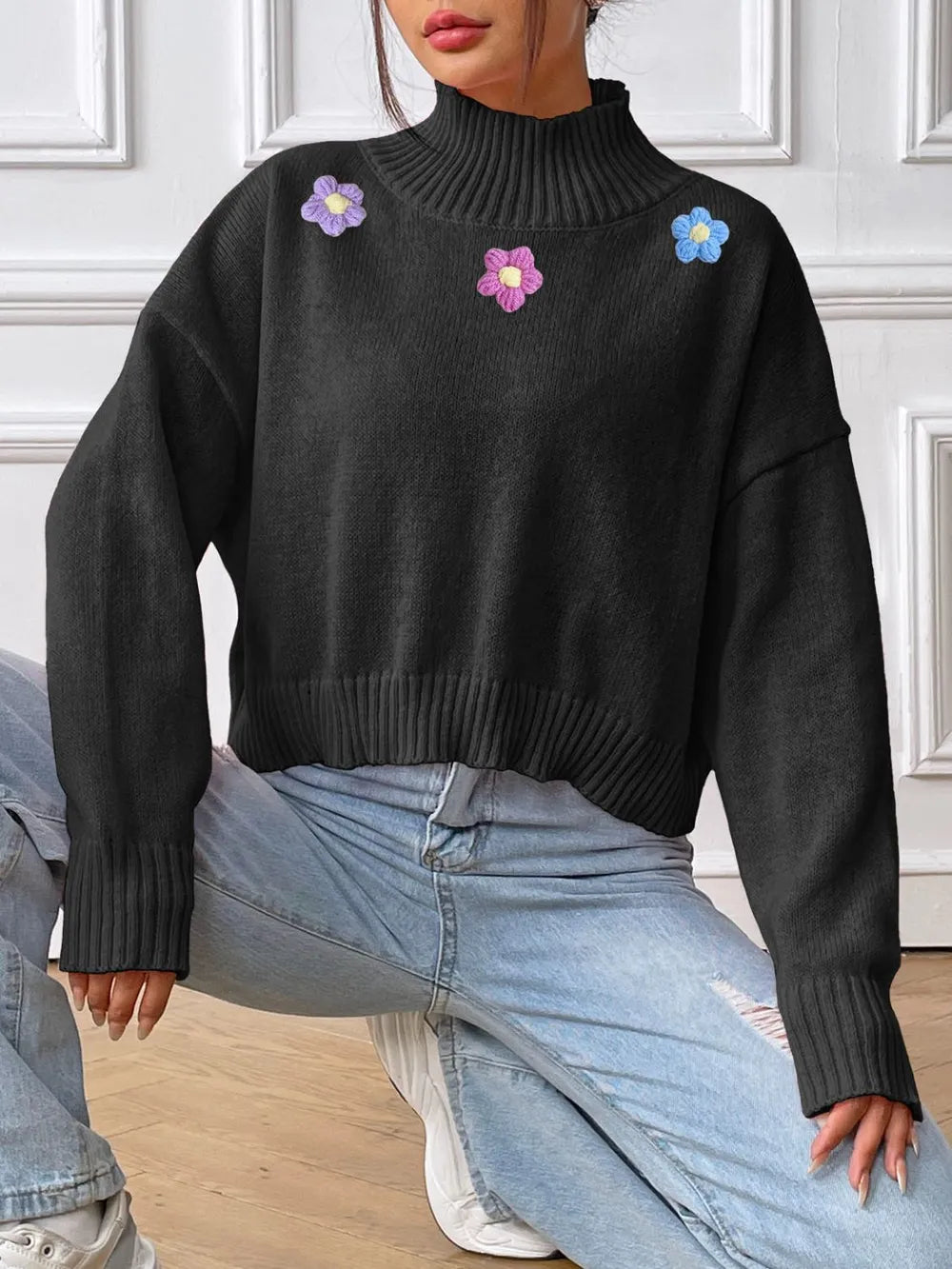 Flower Turtleneck Long Sleeve Sweater (12)