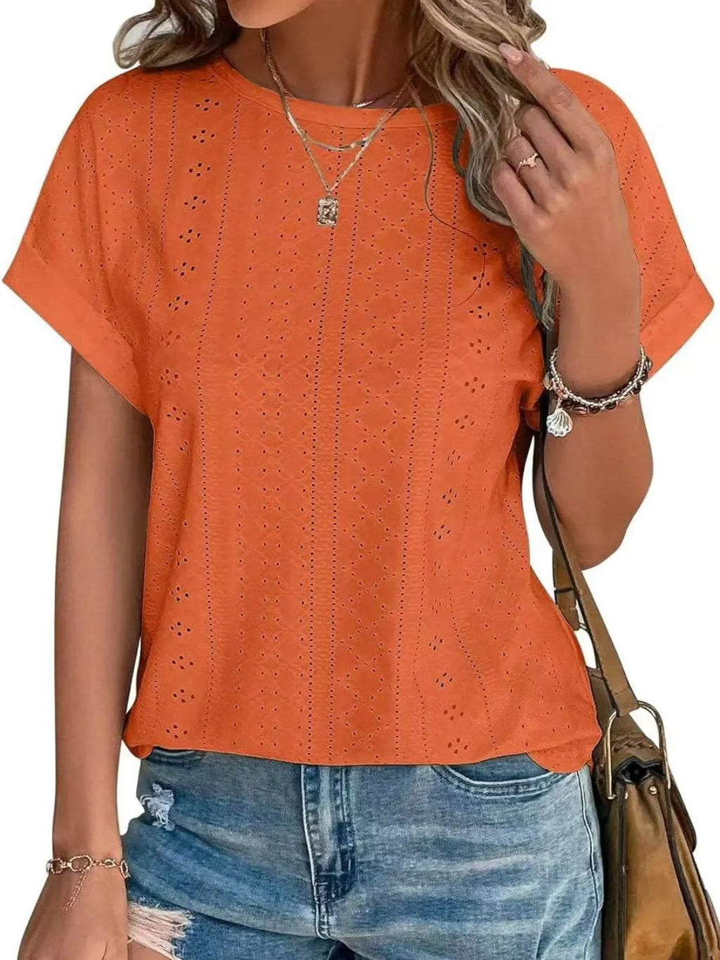 Eyelet Round Neck Short Sleeve Top (22)