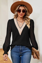Openwork V-neck Long Sleeve T-shirt (11)