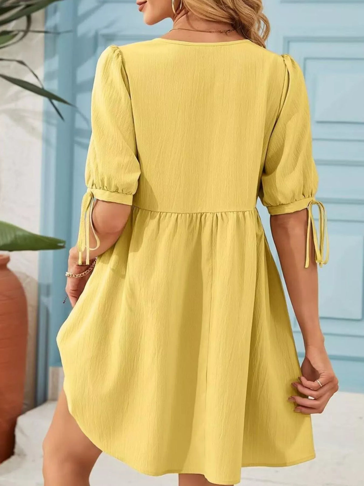 Tie-neck Puff Sleeve A-line Mini Dress (14)