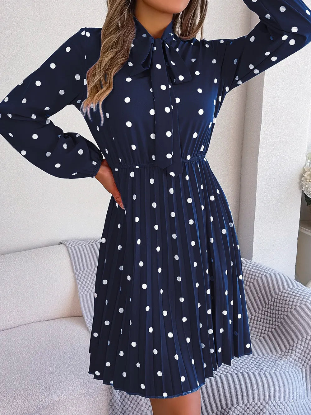 Polka Dot Tie Neck Pleated Dress (11)