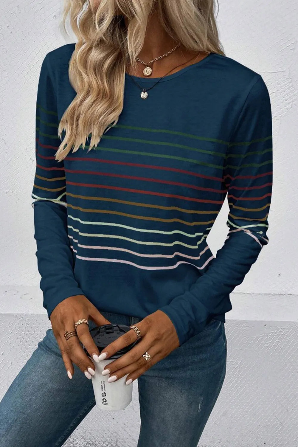 Striped Round Neck Long Sleeve T-shirt (12)