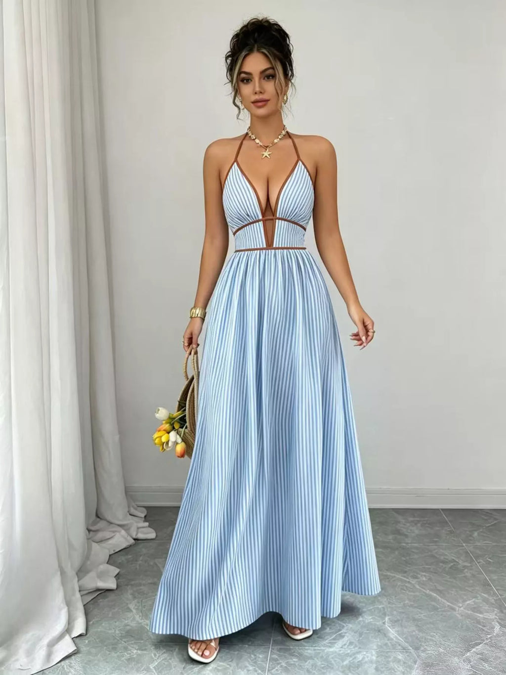 Striped Halter Neck Maxi Dress (3)