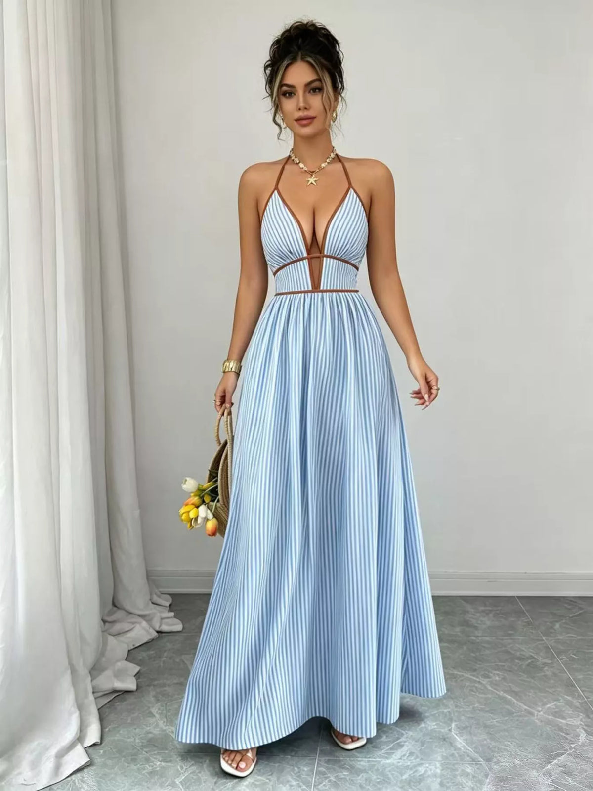 Striped Halter Neck Maxi Dress (3)