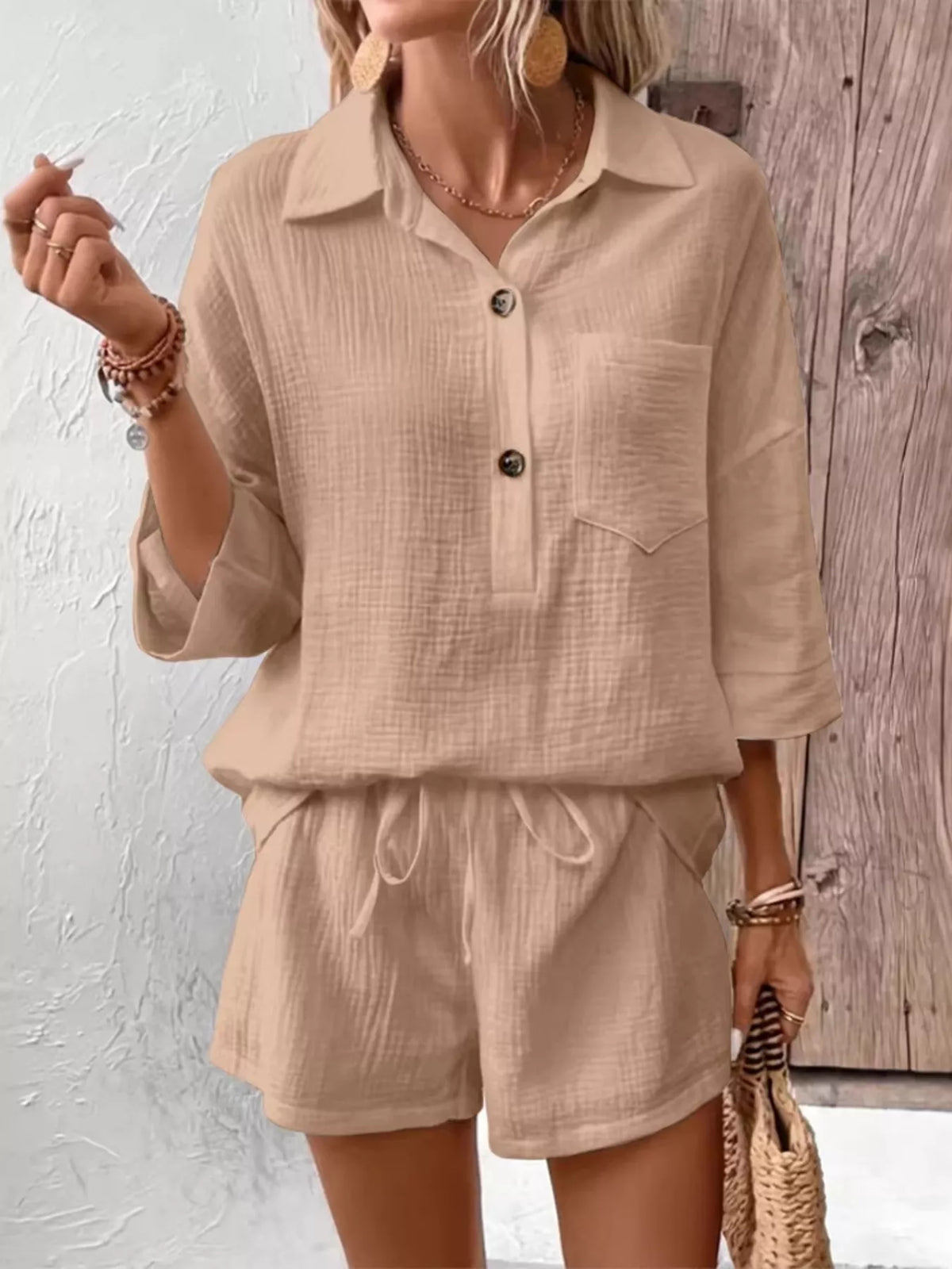 Button Detail Top Shorts Set (6)