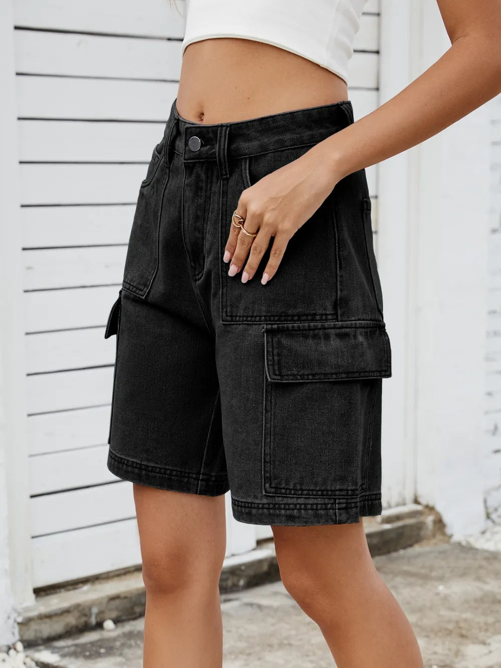 High Waist Denim Shorts Cargo Pockets (9)