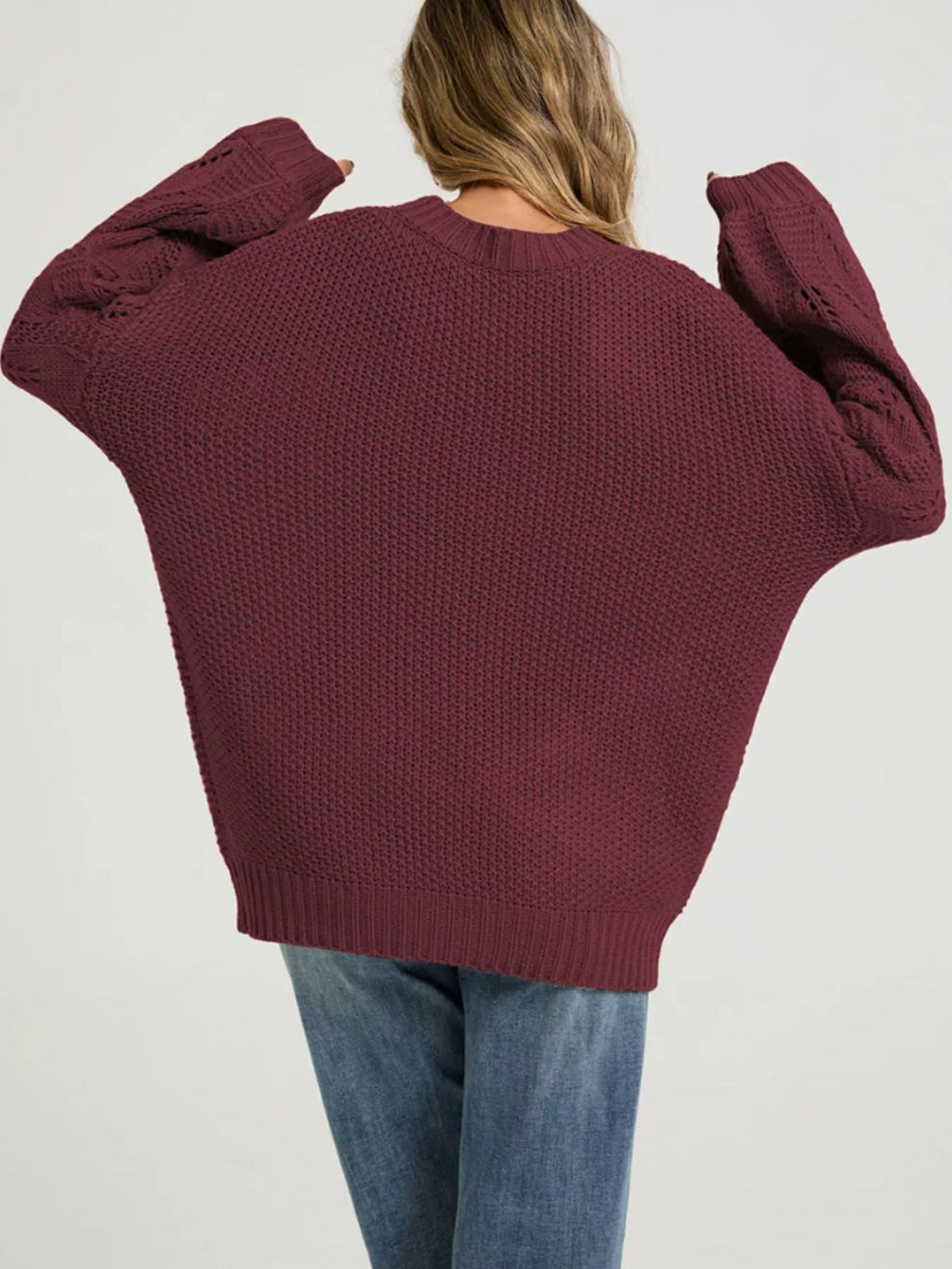 Textured Knit Openwork Dropped Shoulder Sweater (6)