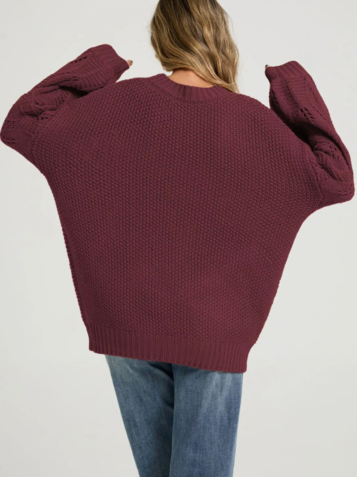 Textured Knit Openwork Dropped Shoulder Sweater (6)