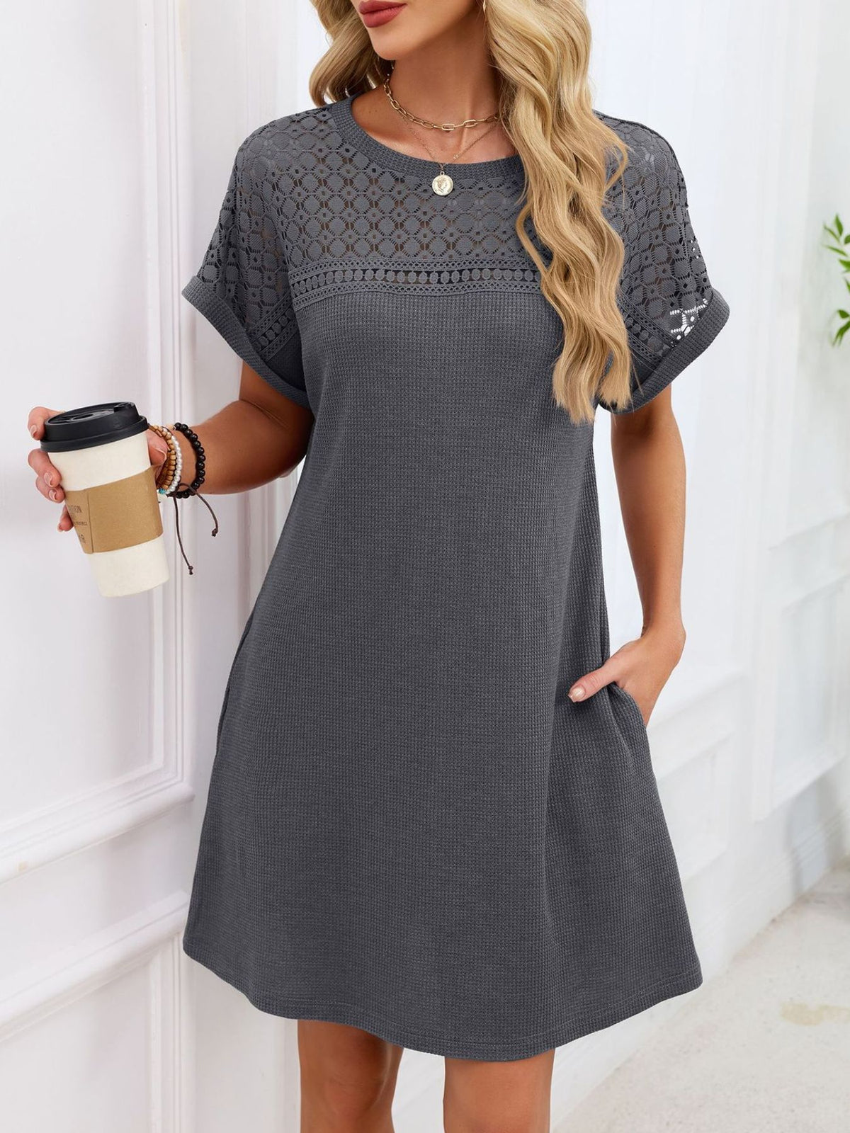 Lace Round Neck Short Sleeve T-shirt Dress (17)