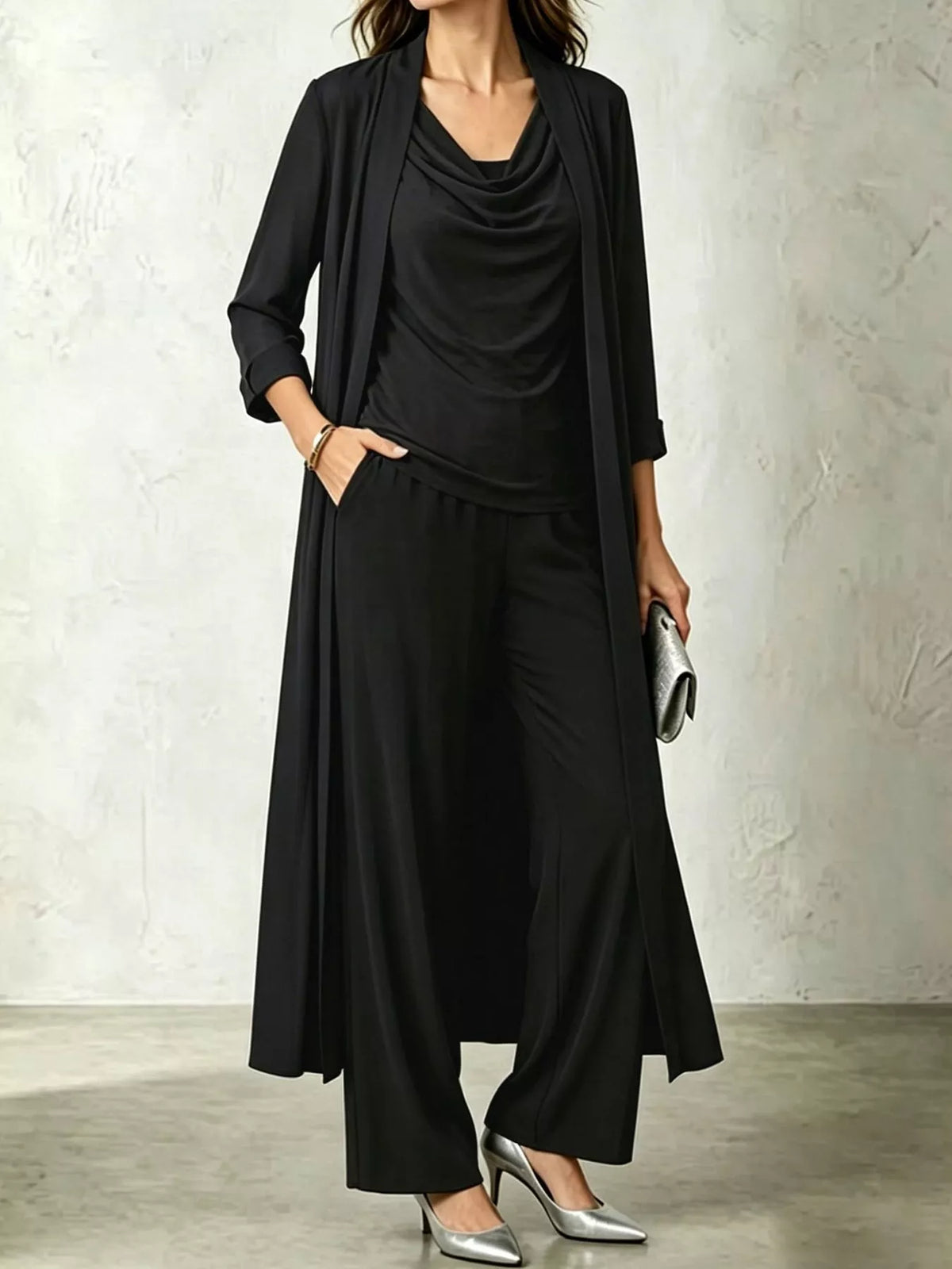 Full Size Cowl Neck Top Cardigan Pants Set Plus (24)