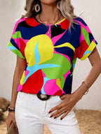 Contrast Round Neck Short Sleeve Blouse (17)