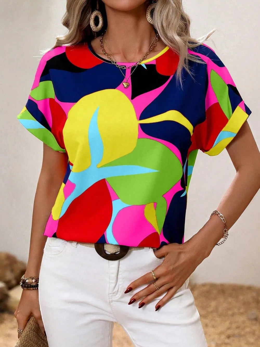 Contrast Round Neck Short Sleeve Blouse (17)