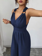 Sleeveless V-neck Wide-leg Jumpsuit O-ring Detail (4)