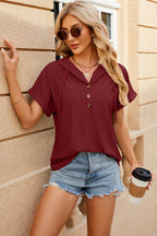 Eyelet Drawstring Hooded Short Sleeve Blouse (7)