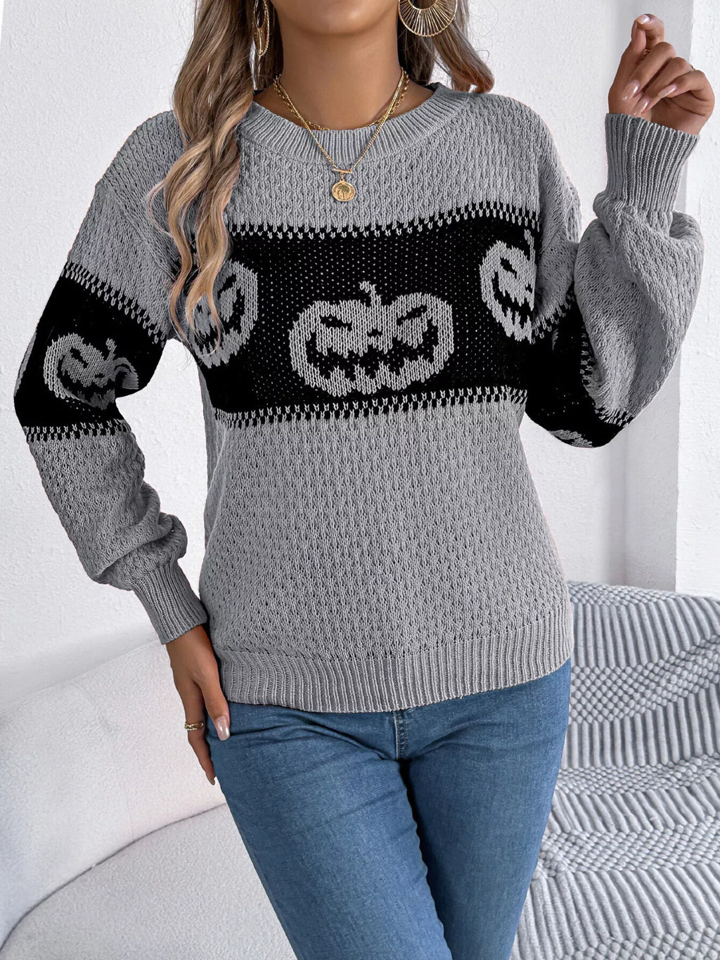 Halloween Pumpkin Pattern Round Neck Sweater (8)