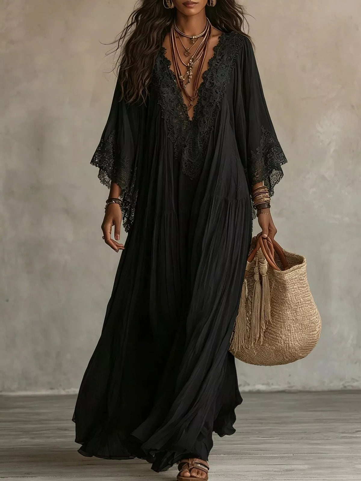 Lace Trim V-neck Maxi Dress (10)