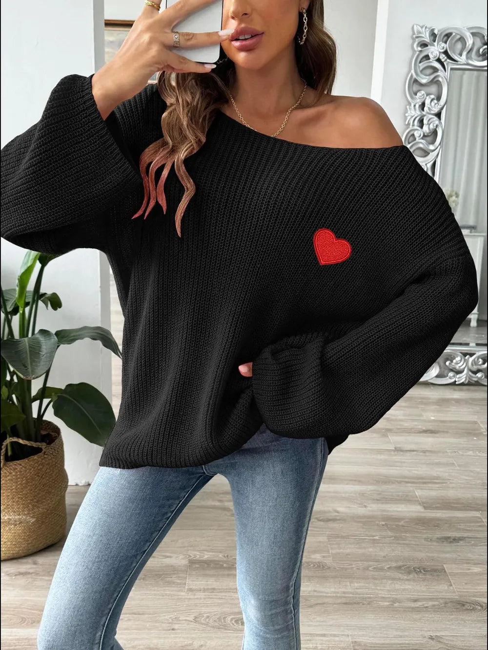 Heart Boat Neck Dropped Shoulder Sweater (3)