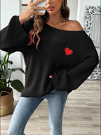 Heart Boat Neck Dropped Shoulder Sweater (3)