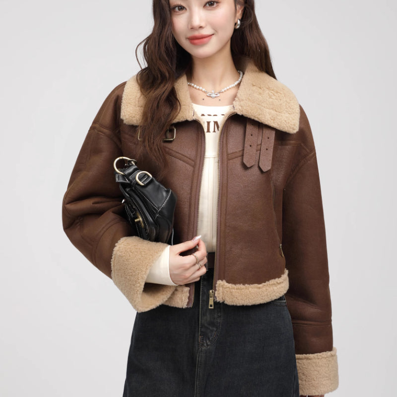 Stand Collar Fur Integrated Lamb Short Coat photo 21
