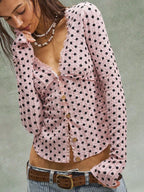 Polka Dot Button Down Textured Long Sleeve Blouse (12)