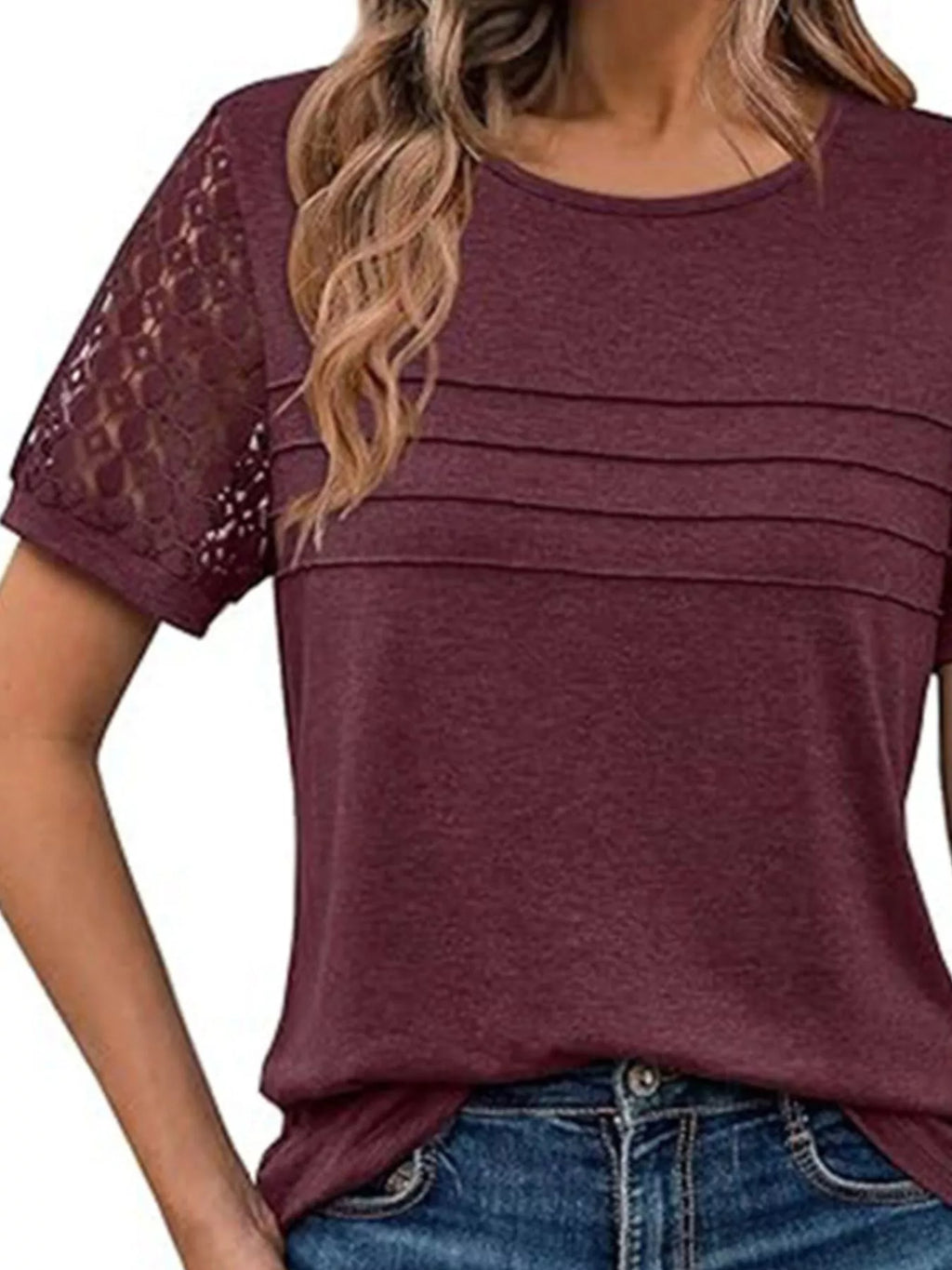Lace Short Sleeve Round Neck T-shirt (9)