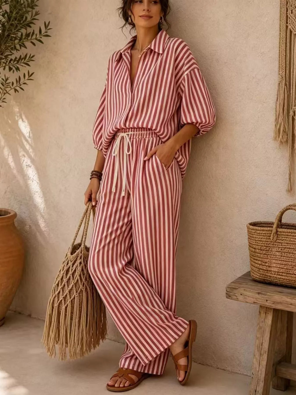 Striped Collared Shirt Wide-leg Drawstring Pants Set (11)