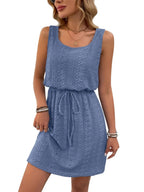Eyelet Drawstring Round Neck Sleeveless Dress (18)