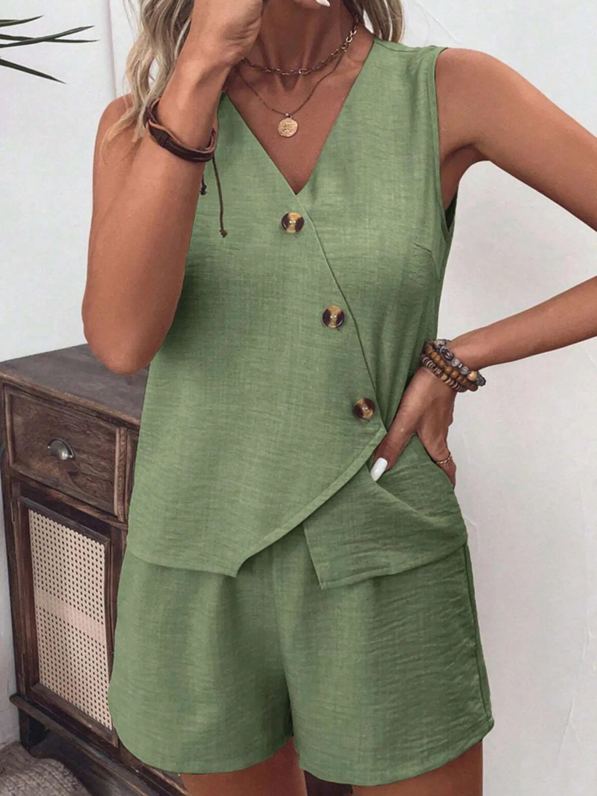Button Up Vest Shorts Set (9)