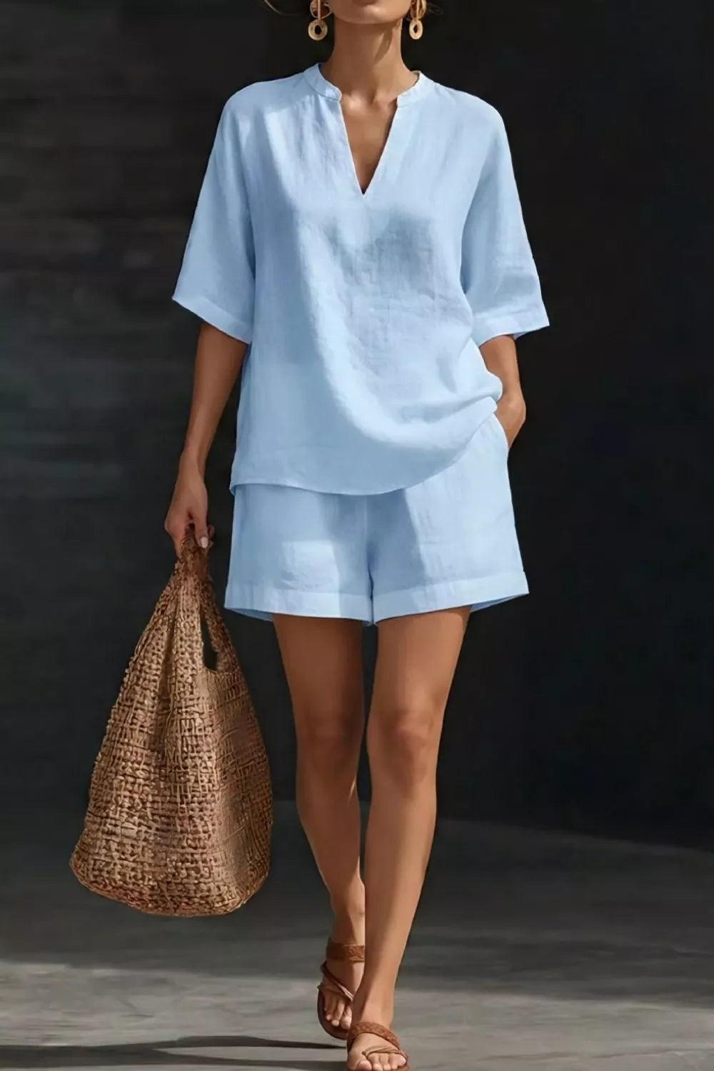 Notched Half Sleeve Top Shorts Set (10)