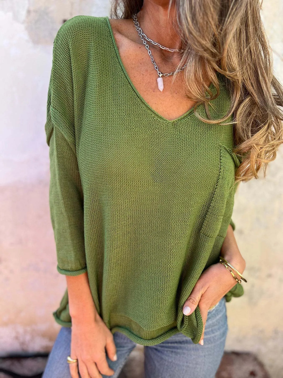 Full Size Casual V-neck Knit Sweater Plus (14)