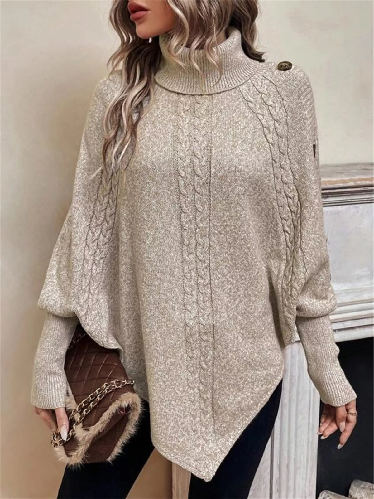 Cable Knit Turtleneck Cape Sweater