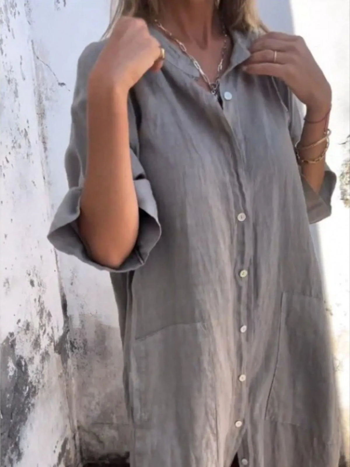 Full Size Casual Linen Button-down Shirt Dress Plus