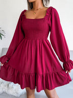 Smocked Flounce Sleeve Square Neck Dress (10)