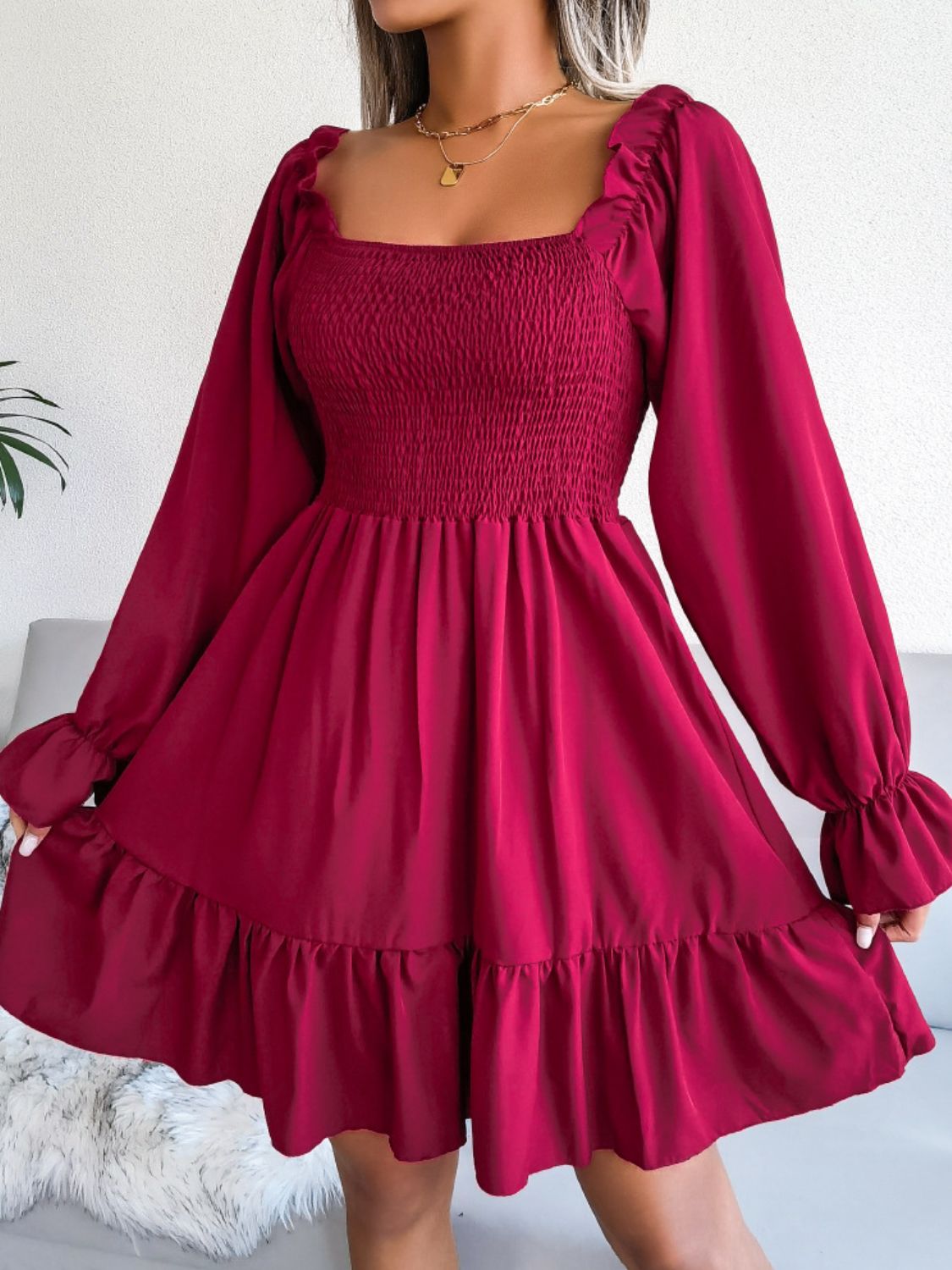 Smocked Flounce Sleeve Square Neck Dress (10)