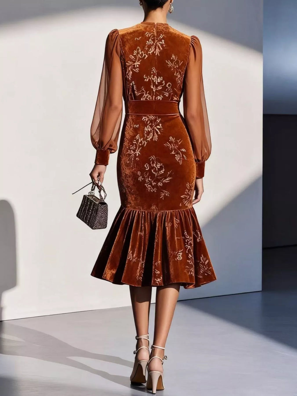 Velvet Floral Lantern Sleeve Midi Dress (3)