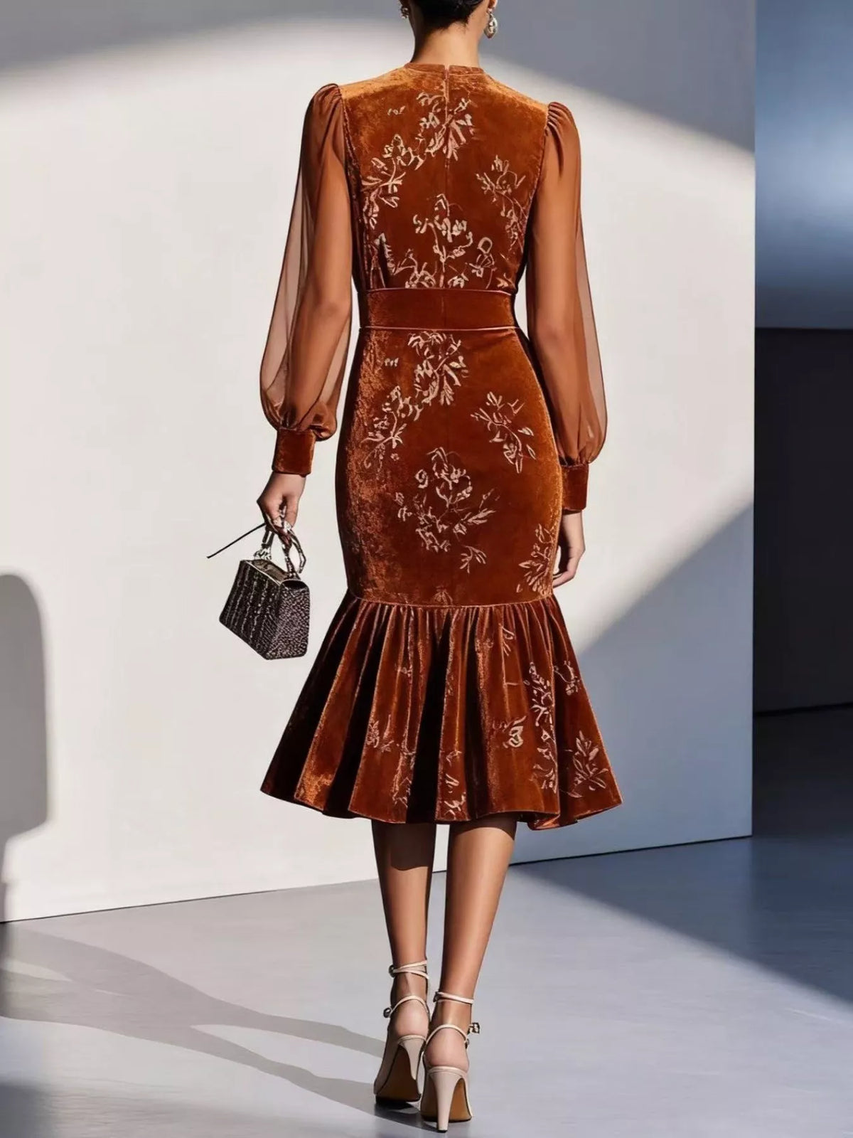 Velvet Floral Lantern Sleeve Midi Dress (3)