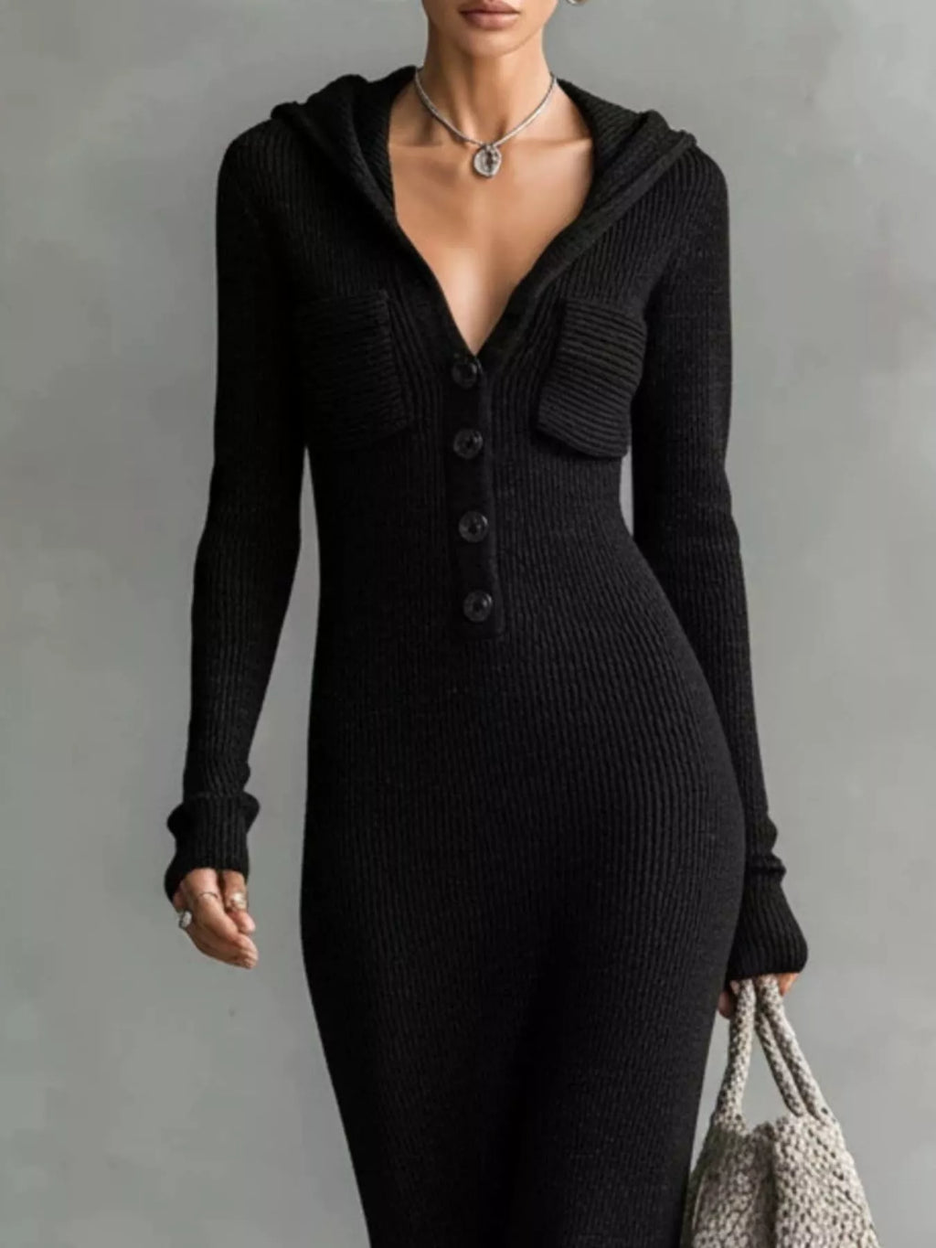 Hooded Knit Maxi Dress Button-up Placket Chest Pockets (9)