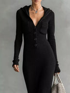 Hooded Knit Maxi Dress Button-up Placket Chest Pockets (9)