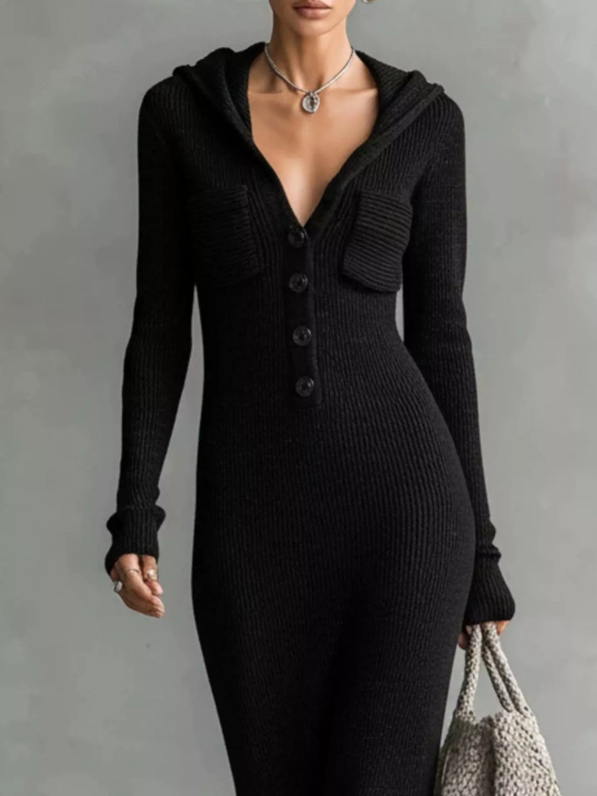 Hooded Knit Maxi Dress Button-up Placket Chest Pockets (9)