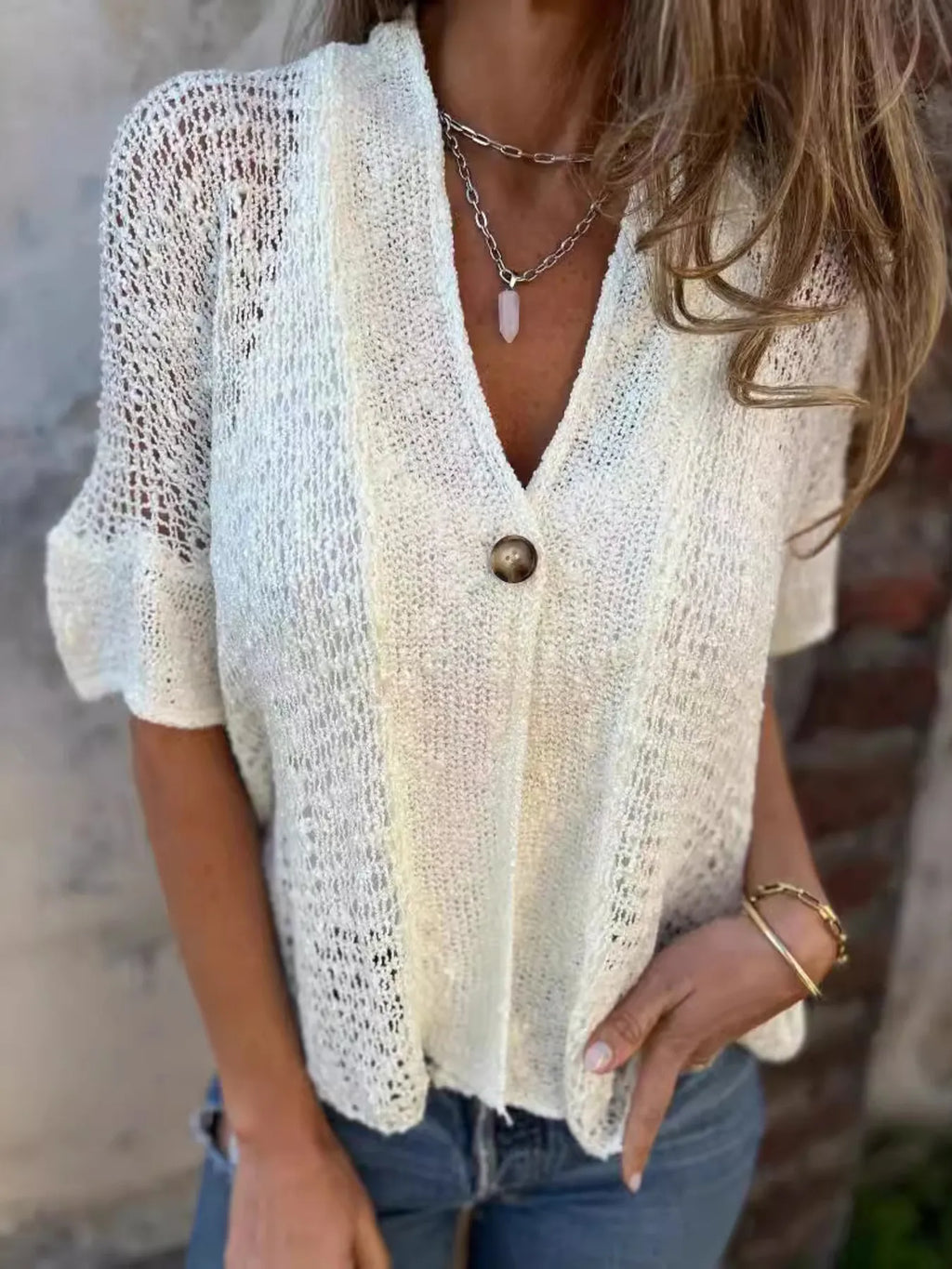 Full Size One Button Half Sleeve Cardigan Plus (6)