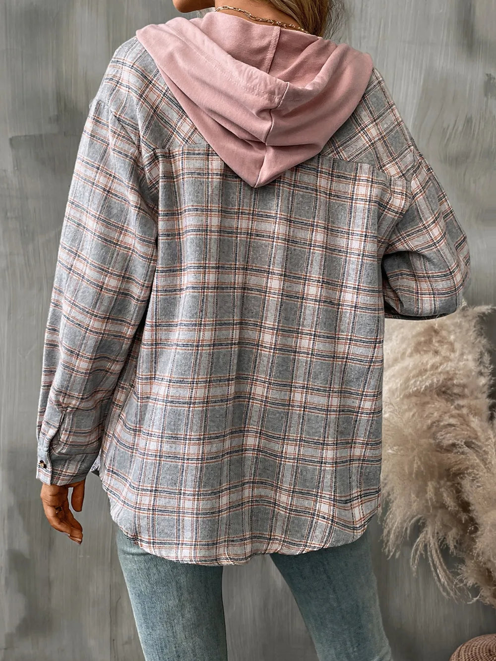 Plaid Long Sleeve Hooded Jacket (2)