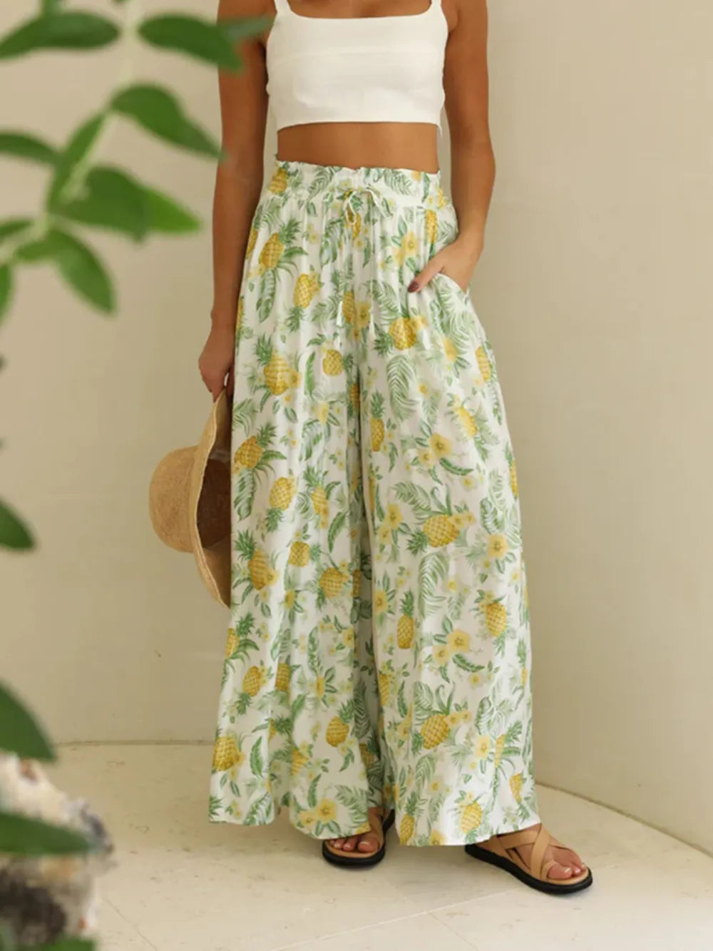 Drawstring Paperbag Waist Printed Wide Leg Pants (4)