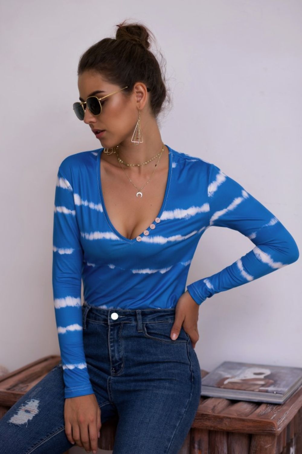 Tie-dye Plunge Long Sleeve Top (12)