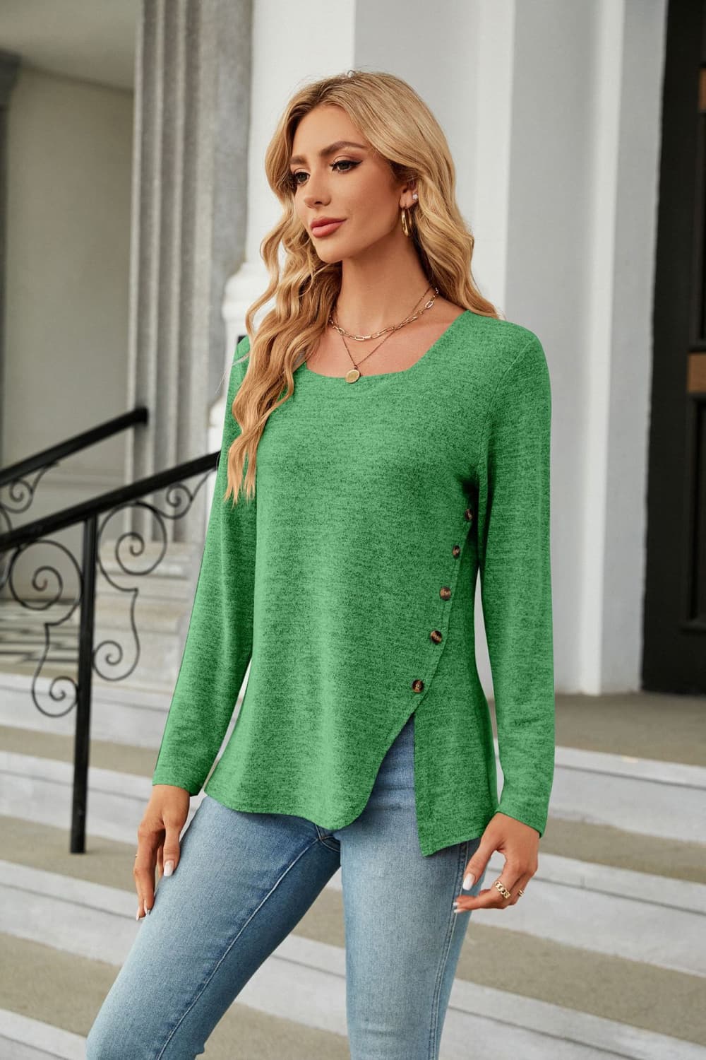 Square Neck Long Sleeve Slit T-shirt (8)