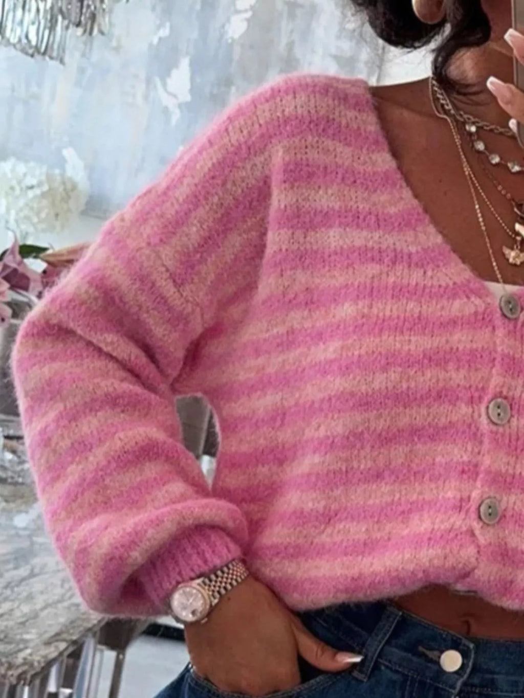 Striped Knit Button-down Cardigan (2)