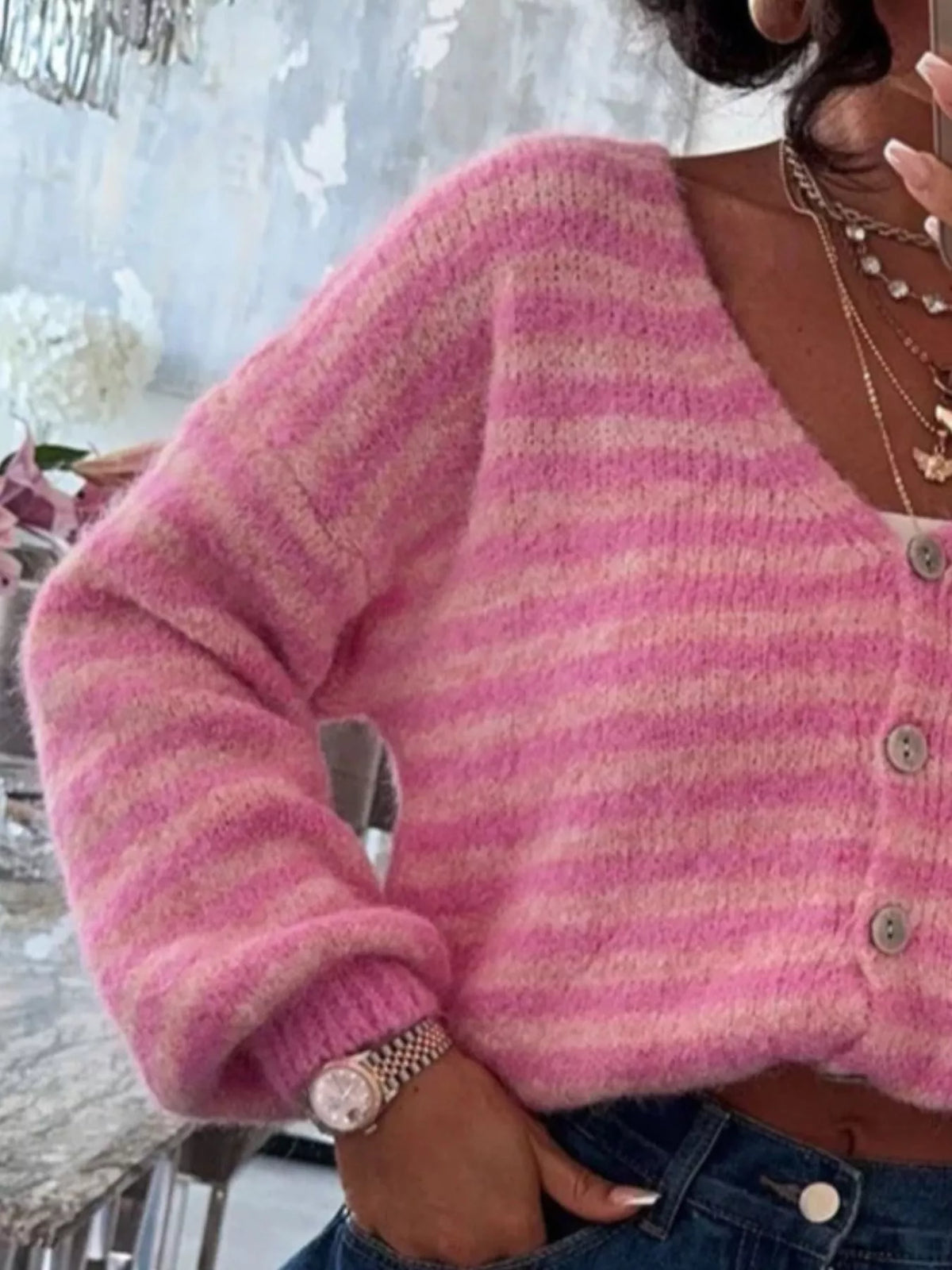 Striped Knit Button-down Cardigan (2)